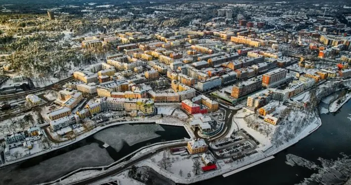 Flygbild över Stockholm en vinterdag